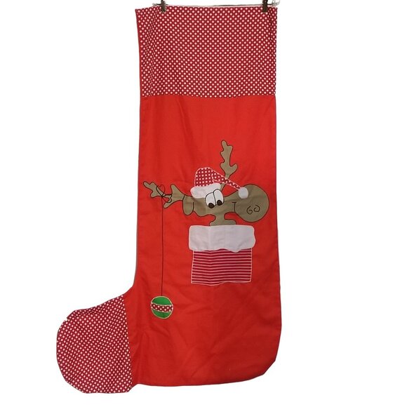 Vintage Giant 50 inch Christmas Stocking Applique Moose Reindeer in Chimney - Picture 2 of 7